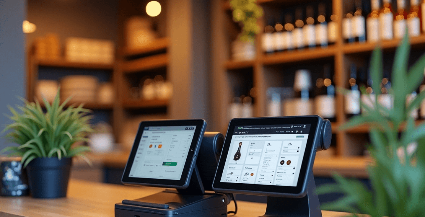 Two Delivando Point of Sale terminals on a wooden counter in a modern store, showing the user interface.